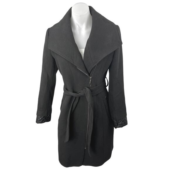 ASM Asmanto Black Zip Up Long Sleeve Wide Collar Belted Trench Coat Jacket Sz 8 - Picture 1 of 6